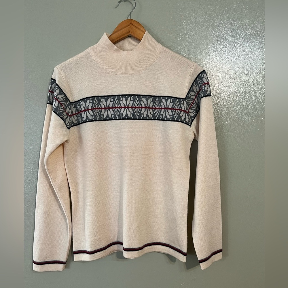 Vintage Liz Claiborne Cream Sweater with Geometric Fair Isle 100% Morino Wool S